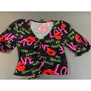 Yoyo 5 Hot Lips Love Graphic Crop Top Black Pink Neon Green Medium YT3570A